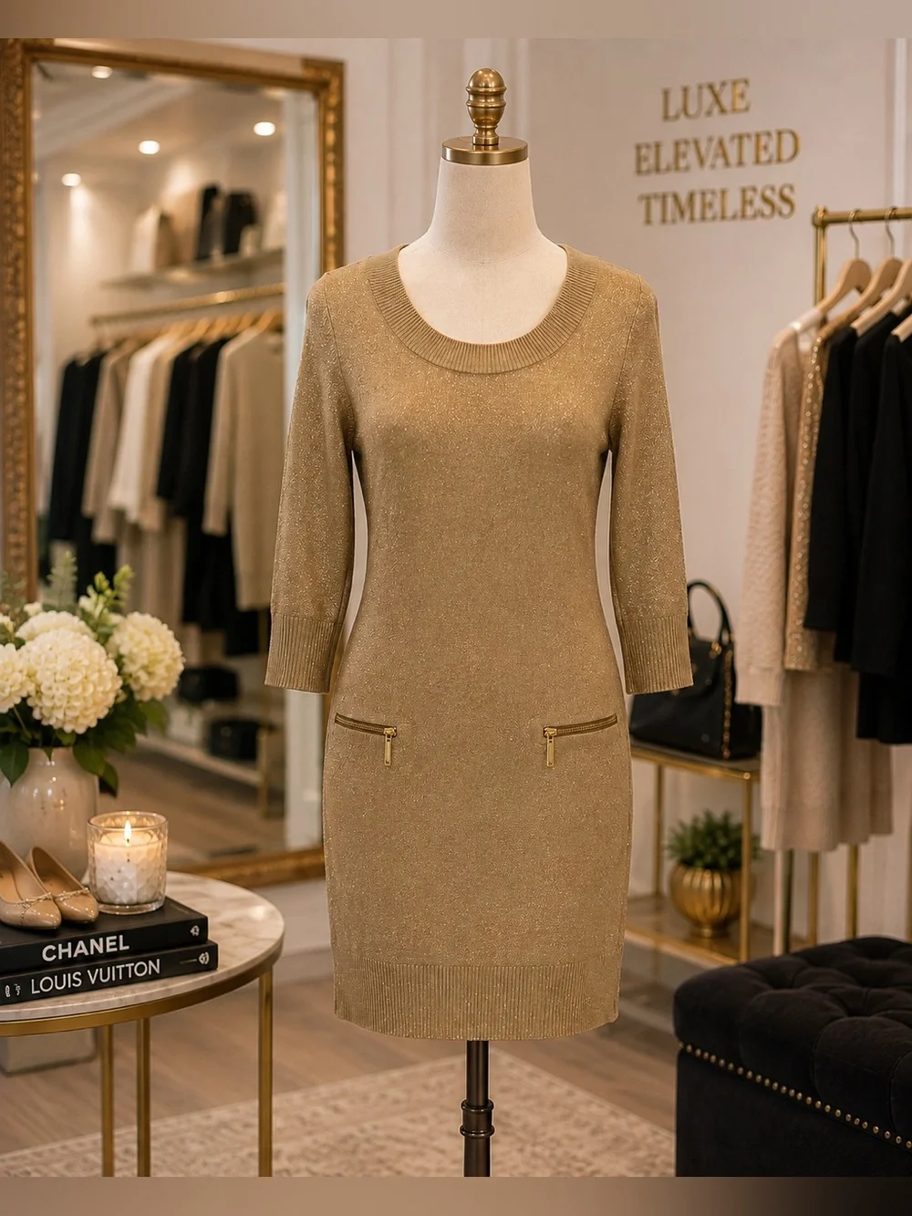 Michael Michael Kors Gold Metallic Knit Sweater Dress Size Small Zip Pocket